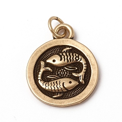 Pisces Brass Pendants, with Jump Rings, Long-Lasting Plated, Flat Round with 12 Constellation/Zodiac Sign, Antique Bronze, Pisces, 18.5x15x2mm, Jump Ring: 5x0.7mm, Inner Diameter: 3.6mm
