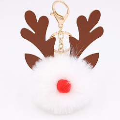 White Christmas Deer Antler Pom-Pom Keychain with Plush Elk Charm for Women's Handbag Gift