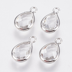 Real Platinum Plated Glass Charms, with Brass Findings, Faceted Teardrop, Clear, Nickel Free, Real Platinum Plated, 12x7x3mm, Hole: 1.2mm