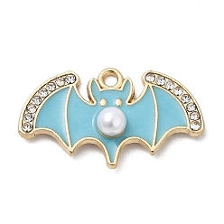 Темно-бирюзовый Подвески из эмали и сплава, летучая мышь, со стразами и пластиковой имитацией жемчуга, золотые, темные бирюзовый, 14.5x25x5 мм, отверстие : 1.6 мм