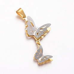 Golden & Stainless Steel Color 304 Stainless Steel Big Pendants, Butterfly, Golden & Stainless Steel Color, 54mm, Hole: 8x5mm