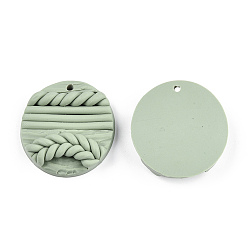 Dark Sea Green Handmade Polymer Clay Pendants, Flat Round with Leaf, Dark Sea Green, 30x7.5~8mm, Hole: 1.8mm