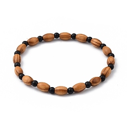 Black Agate Stretch Beaded Bracelets, with Wood Beads and Natural Black Agate(Dyed) Beads, Inner Diameter: 2-1/4 inch(5.6cm)