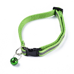 Light Green Adjustable Polyester Reflective Dog/Cat Collar, Pet Supplies, with Iron Bell and Polypropylene(PP) Buckle, Light Green, 21.5~35x1cm, Fit For 19~32cm Neck Circumference
