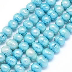 Cyan Natural Cultured Freshwater Pearl Beads Strands, Dyed, Potato, Cyan, 8~9x7~8mm, Hole: 0.8mm, about 49pcs/strand, 14.5 inch(37cm)