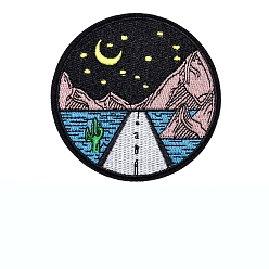 Moon Scenery Pattern Flat Round Computerized Embroidery Cloth Iron on Patches, Stick On Patch, Costume Accessories, Appliques, Moon, 79mm