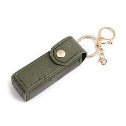 Dark Olive Green PU Leather Lipstick Storage Bags, Portable Lip Balm Organizer Holder for Women Ladies, with Light Gold Tone Alloy Keychain, Dark Olive Green, Bag: 9x2.5cm