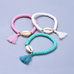 Mixed Color Handmade Polymer Clay Heishi Beads Stretch Bracelets, with 304 Stainless Steel Findings, Shell Beads and Cotton Tassel Pendants, Mixed Color, 2-1/8 inch(5.4cm)