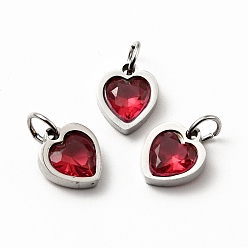 Crimson 304 Stainless Steel Pendants, with Cubic Zirconia and Jump Rings, Single Stone Charms, Heart, Stainless Steel Color, Crimson, 9x8x3mm, Hole: 3.6mm