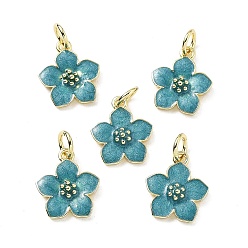 чирок Латунь эмаль прелести, цветочный шарм, с целью перехода в кольце, стойки покрытие, долговечный, без свинца и без кадмия, реальный 18 k позолоченный, зелено-синие, 13x11x3 мм, отверстие : 3 мм