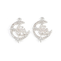 Посеребрённый Латунные микро проложить кубического циркония подвески, луна с цветком, 925 серебро покрытием, 18x14x3 мм, отверстие : 1.2 мм