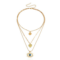 golden Stylish Multi-layer Necklace with Heart Pendant and Evil Eye Charm - Fashionable Statement Jewelry for Sweaters