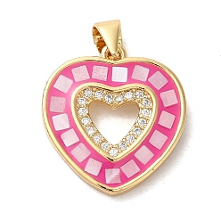 Ярко-Розовый Стойки обшивки латунь кубического циркония подвески, с эмалью и ракушкой, долговечный, без свинца и без кадмия, реальный 18 k позолоченный, сердце, ярко-розовый, 20x18x3 мм, отверстие : 5x4 мм