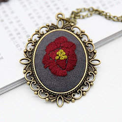 Slate Gray DIY Embroidery Flower Pendant Necklace Making Kit, Including Alloy Cable Chains & Pendant Cabochon Settings, Needle Pin, Cotton Thread, Plastic Embroidery Hoops, Slate Gray, 460mm