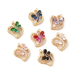 Mixed Color Brass with K9 Glass Pendants, Golden Peach Hearts with Butterfly Charms, Mixed Color, 18x14.8x5mm, Hole: 1.4mm