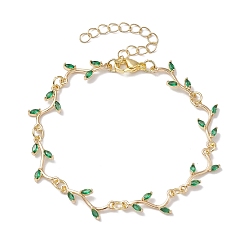 Golden Brass Pave Green Cubic Zirconia Branch Links Bracelets for Women, Golden, 7-5/8 inch(19.3cm)