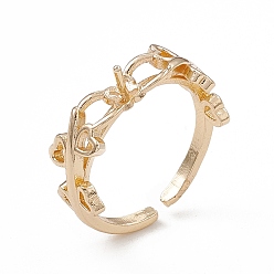 Real 14K Gold Plated Rack Plating Brass Open Cuff Ring Settings, for Half-drilled Beads, Long-Lasting Plated, Heart Leaf, Real 14K Gold Plated, Inner Diameter: 18mm