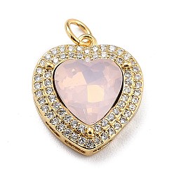 Misty Rose Eco-Friendly Brass Micro Pave Cubic Zirconia Pendants, with Faceted Glass & Jump Ring, Real 18K Gold Plated, Long-Lasting Plated, Heart, Misty Rose, 19x16.5x6.5mm, Jump Ring: 5x0.7mm, Inner Diameter: 3.6mm