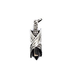 Obsidian Natural Obsidian Pointed Pendants, Faceted Bullet Charms with Antique Silver Plated Brass Wings, 44x12mm