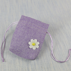Lilac Burlap Packing Pouches, Drawstring Bags with Flower, Lilac, 14x10cm