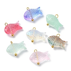 Mixed Color Transparent Spray Painted Glass Pendents, Golden Brass Findings, Fish Charms, Mixed Color, 12.5x15.5x5.5mm, Hole: 1.6mm