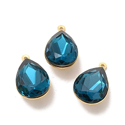 Marine Blue Real 18K Gold Plated Brass with Glass Pendants, Faceted Teardrop Charms, Lead Free & Cadmium Free, Marine Blue, 22x13x9mm, Hole: 1mm