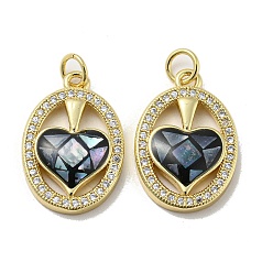 Black Brass Micro Pave Cubic Zirconia Pendants, with Enamel Shell, Oval with Heart, Black, 21x14x4mm