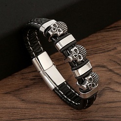 Black and white steel Stainless Steel Skull Leather Braided Bracelet - Retro Men's Fashion Accessory