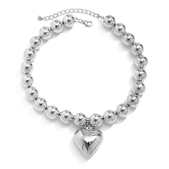 Platinum CCB Plastic Heart Pendant Necklace, Collar Necklace with Round Beaded Chains for Women, Platinum, 13.78 inch(35cm)