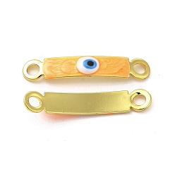 Orange Brass Connector Charms, Curved Rectangle Links with Evil Eye Pattern, with Enamel, Real 18K Gold Plated, Long-Lasting Plated, Orange, 30x5x2mm, Hole: 3mm