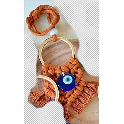 Chocolate Handmade Macrame Cotton Thread with Turkish Glass Evil Eye Wall Hanging Ornament, with Metal Ring, Chocolate, 50mm