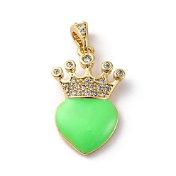 Pale Green Brass Cubic Zirconia Pendants, with Enamel & Snap on Bail, Real 18K Gold Plated, Long-Lasting Plated, Lead Free & Cadmium Free, Heart & Crown, Pale Green, 25x14.5x4mm, Snap on Bail: 3.5x7mm, Inner Diameter: 2.5x4mm