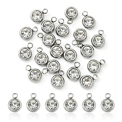 Crystal 20Pcs 201 Stainless Steel Rhinestone Charms, Birthstone Necklace Charms, Flat Round, Stainless Steel Color, Crystal, 8.5x6x3mm, Hole: 1.5mm