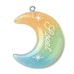 Light Green Gradient Color Translucent Resin Pendants, Glitter Moon Charms with Platinum Tone Iron Loops, Light Green, 40x34x5mm, Hole: 2mm