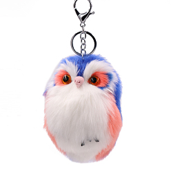 Royal Blue Imitation Rabbit Fur Owl Pendant Keychain, with Random Color Eyes, Cute Animal Plush Keychain, for Key Bag Car Pendant Decoration, Royal Blue, 15x8cm