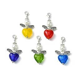Mixed Color Heart Angel Glass Pendant Decorations, with Alloy Lobster Claw Clasps, Mixed Color, 49mm