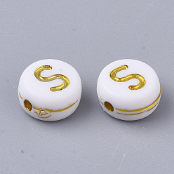 Letter S Plating Acrylic Beads, Golden Metal Enlaced, Horizontal Hole, Flat Round with Alphabet, White, Letter.S, 7x3.5mm, Hole: 1.2mm, about 3600pcs/500g