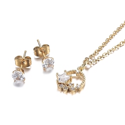Golden 304 Stainless Steel Rhinestone Jewelry Sets, Star Pendant Necklaces and Stud Earrings, Cable Chains, Lobster Claw Clasps and Ear Nuts, Crystal, Golden, 18.11 inch(46cm), 15x5.5mm, Pin: 0.7mm