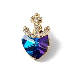 Colorful Real 18K Gold Plated Rack Plating Brass Micro Pave Clear Cubic Zirconia Pendants, with Glass, Long-Lasting Plated, Cadmium Free & Lead Free, Boat Anchor & Heart Charm, Colorful, 20x12x9mm, Hole: 6x2.5mm