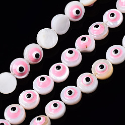 Pink Естественных пресноводных оболочки бисер нитей, с эмалью, плоские круглые с сглаза, розовые, 6x3~4 мм, отверстие : 0.8 мм, около 62~63 шт / нитка, 14.96 дюйм ~ 15.35 дюйм (38~39 см)