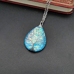 Deep Sky Blue Teardrop with Tree Resin Pendant Necklace, Platinum Copper Wire Wrapped Necklace, Deep Sky Blue, 20.47 inch(52cm)