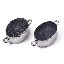 Black Natural Druzy Agate Links Connectors, with Edge Platinum Plated Iron Loops, Dyed, Oval, Black, 25~26x13.5x8~9mm, Hole: 1.5mm