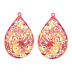 Red Spray Painted 430 Stainless Steel Filigree Pendants, Teardrop, Red, 45x28.5x0.5mm, Hole: 2mm