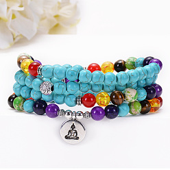 108 Turquoise Beads Buddha Head Colorful Natural Stone Yoga OM Tree Lotus Charm Bracelet with 108 Turquoise Beads