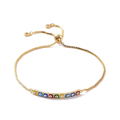 Colorful Enamel Rectangle with Evil Eye Link Slider Bracelet with Cubic Zirconia, Real 18K Gold Plated Brass Lucky Jewelry for Women, Colorful, Inner Diameter: 1/2~3 inch(1.2~7.6cm)