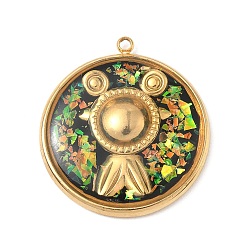 Черный 304 подвески из нержавеющей стали, эпоксидной смолы, с натуральными ракушками и пайетками внутри, плоский круглый с рыбными чарами, реальный 18 k позолоченный, вакуумное покрытие pvd, чёрные, 26x23.5x3 мм, отверстие : 1.5 мм