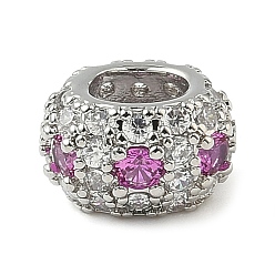 Темно-Розовый Латунные микро проложить Цирконий Европейский бисером, RONDELLE большие шарики отверстия, платина, стойки покрытие, долговечный, без кадмия и без свинца, темно-розовыми, 12.5x10.5x7.5 мм, отверстие : 6.5x5 мм