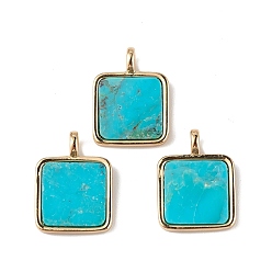 Natural Turquoise Natural Turquoise Pendants, Square Charms with Rack Plating Golden Tone Brass Findings, Lead Free & Cadmium Free, 16~16.5x12x1.5mm, Hole: 1.5x2mm