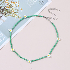 Green Boho Flower Beaded Necklace Handmade Ethnic Jewelry for Women