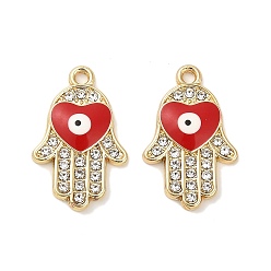 Rouge Plaqué or pendentifs en alliage d'émail, avec strass, plaqué longue durée, Main de Hamsa avec breloque cœur et mauvais œil, rouge, 22.5x14.5x3mm, Trou: 2mm
